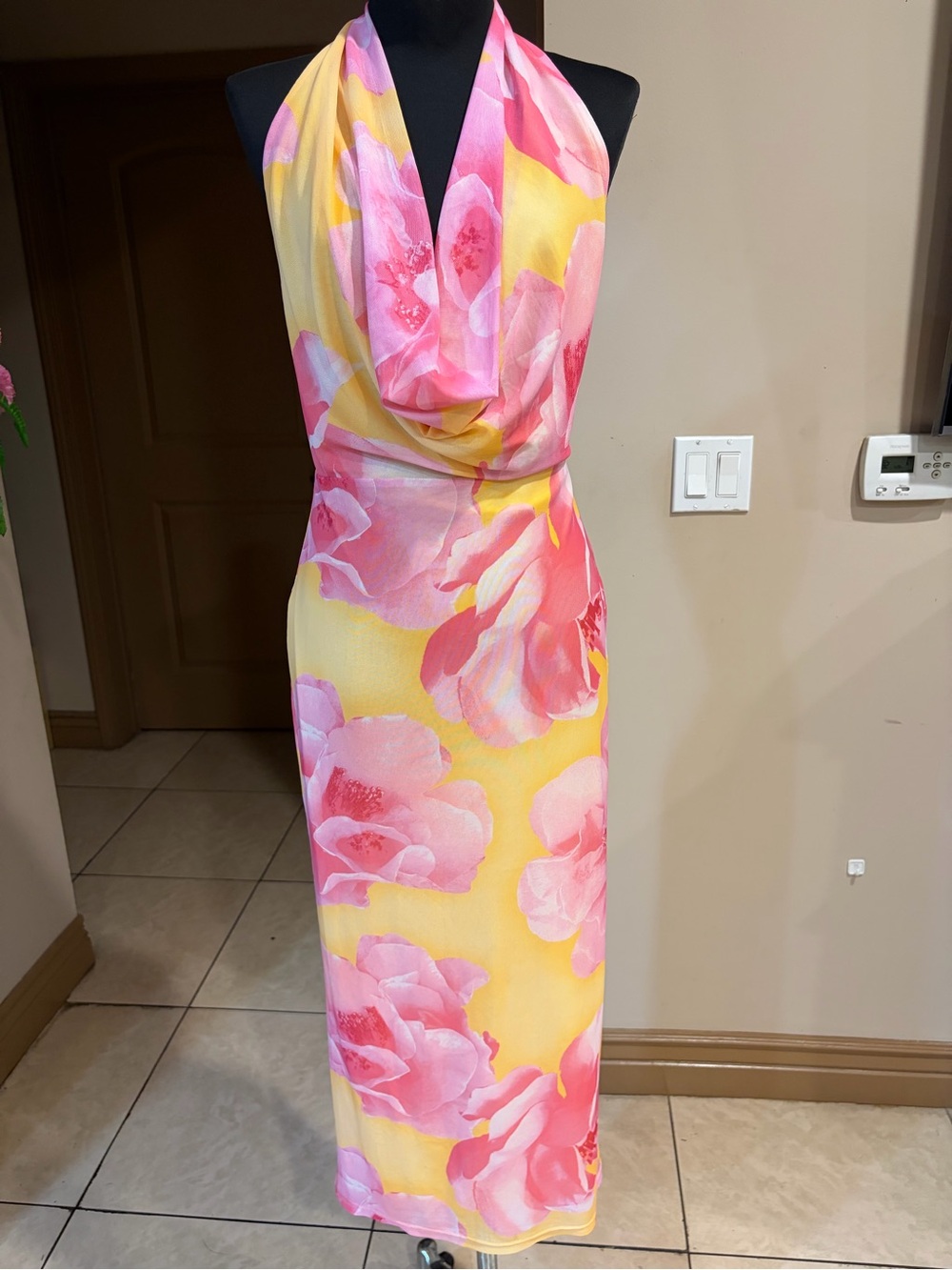 Lulu's Yellow & Pink Floral Halter Cowl Maxi Dress